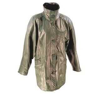 Vintage Forest Green Pebbled Leather Coat Classic Style Retro 80s Big Shoulders